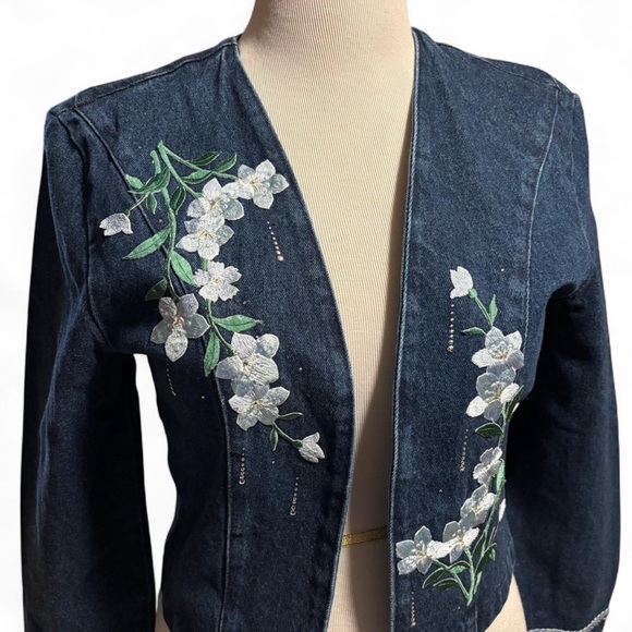 VTG y2k Floral Embroidered Denim Jacket Sz Small Open Front Cottagecore USA Made - Picture 3 of 4